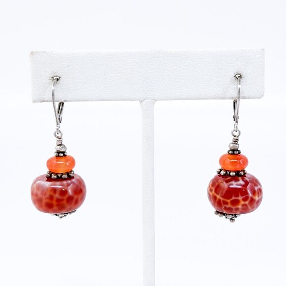 Vintage Sterling Silver 925 Red and Orange Glass Beaded Dangle Earrings - Picture 2 of 6
